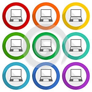 Open notebook, laptop, mobile computer vector icons, set of colorful flat design buttons for webdesign and mobile applications