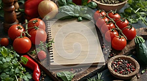 An open notebook lies among a harvest of tomatoes and fresh herbs on a wooden table. Copy space