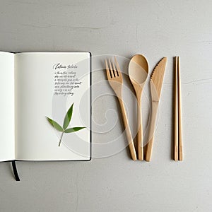 The utensils have a natural wood finish emphasizing an eco friendly theme