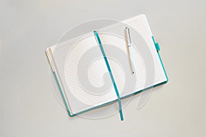 Open notebook with lined blank pages and pen on light grey background. Copy space, top view