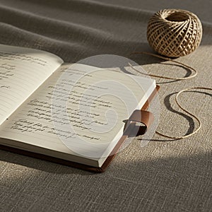 Open notebook with lined pages and handwritten text in cursive. The book is bound in