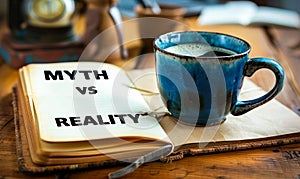 Open notebook with MYTH vs REALITY text and a coffee mug on a wooden desk, symbolizing the debate between perception and fact