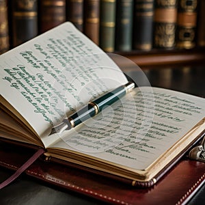 Open notebook with pen on a desk isolated on transparent background