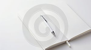 An open notebook with a pen on a white background. The notebook is white with a bookmark ribbon. The pen is silver with