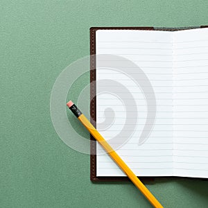 Open notebook and pencil on green background