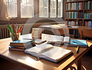 an open notebook with pencils on the student desk