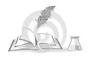 Open notebook, quill and inkwell. Vector icon