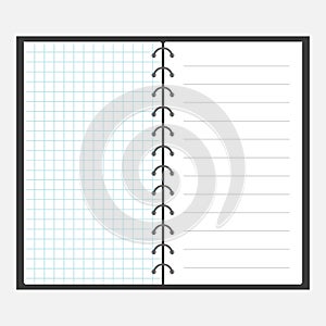 Open notebook with spiral and blank line cell paper. Lined page template. Squared blank sheet of copybook. Flat design. .