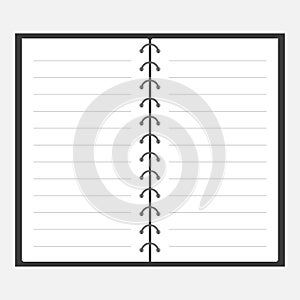 Open notebook with spiral and blank lined paper. Lined template. Flat design. .