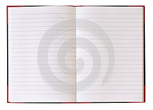 Open notebook spread with blank white pages and blue lines. Isolated on white background.