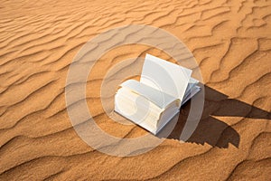 Open notebook stranded in the golden desert dunes during sunset