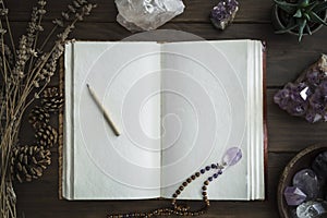 Open Notebook Surrounded by Crystals Plants and Foliage