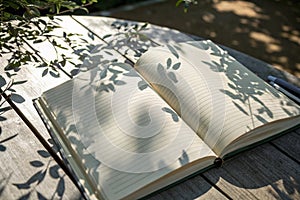 Open notebook on table with leaf shadows