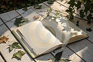 Open notebook on table with leaf shadows