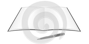 Open notebook with white blank pages and pen on table, realistic vector illustration