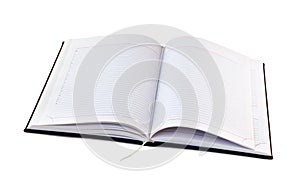 Open notebook with white lined pages isolated on white. Open blank book with clipping path
