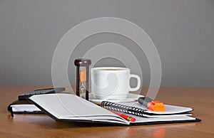 Open notepad, marker pencil, the calculator