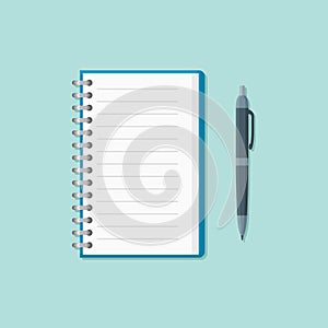 Open notepad with pen flat style icon. Vector illustration.