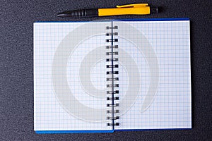 Open notepad on a spiral and pen