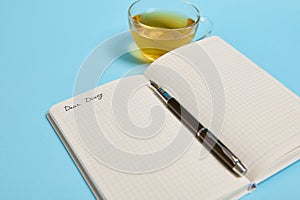 Open notepad with word Dear Diary and an ink pen next to a tea cup on blue background with copy space