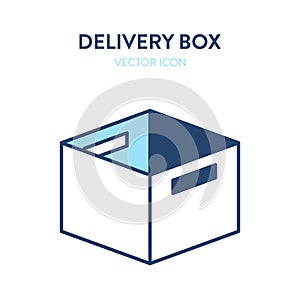 Open office box flat isometric icon. Vector illustration of a cardboard office box for papers and personal belongings. Parcel