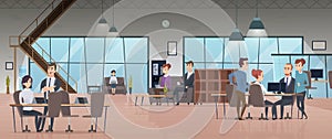 Open office interior. Business people workspace corporate working characters vector modern office