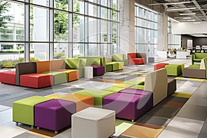 open office lounge area with colorful modular seating