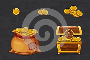 Open old bag and wooden chest. Ancient pirate money for winner. Vector cartoon illustration coins icons for web, games