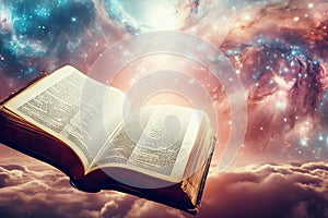 Open old bible book on magical sky background. Religion, God light, truth, spiritual illumination, God love and grace