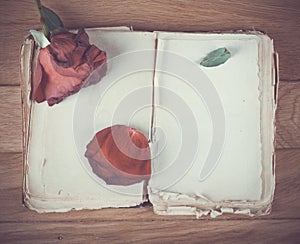 Open old book with blank pages for text and dry rose on wooden table