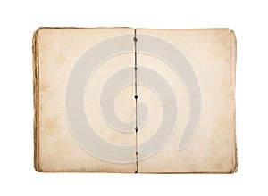 Open old book with blank yellow stained pages isolated on white background