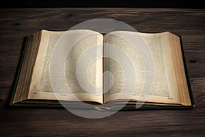 An open old book displayed on a dark wooden background