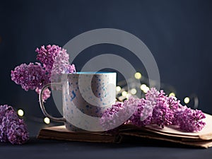 An open old book of fairy tales, a bouquet of lilacs and a cup of coffee or tea. Read an interesting book in the evening
