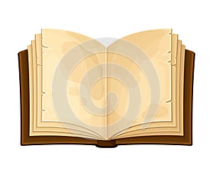 Open Old Book in Hard Cover with Stained Yellowish Pages Vector Illustration