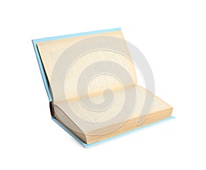 Open old book with light blue cover isolated