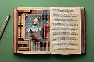 Open old book with picture and abstract text on pages background digital illustration.