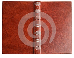 Open old book with vintage brown cover on white, top view