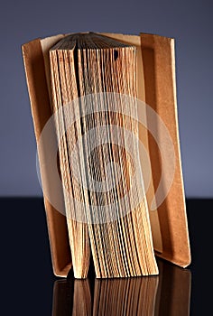 Open old book with vintage pages reflected