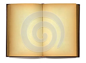 Open old book on white background