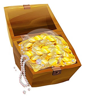 Open old chest with gold coins and pearls. Pirate Treasure Chest