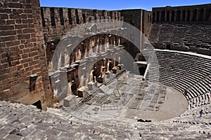 Open old circle theater Aspendos in Antalya, archeology background. Constructed by Greece architect Eenon during time