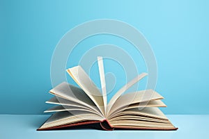 Open old hardcover book on blue background