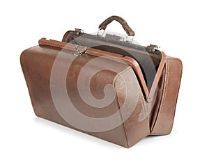 Open old leather gladstone bag
