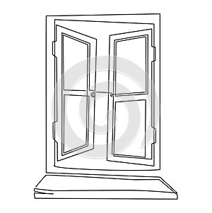 Open old ruine window with two sashes. Continuous line drawing. Vector illustration photo