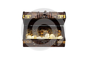 Open old wooden vintage brown treasure chest full of old gold coins. isolated on white background. Money, financial, growth concep