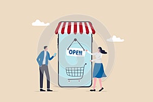 Open online shop or store website for e-commerce to sell product concept, businesswoman flip the open sign on mobile website