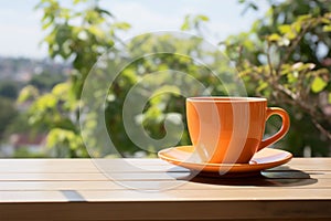 In the open, an orange cup rests on an outdoor table