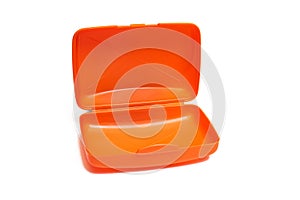 Open orange soap dish isolated on white background