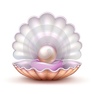 Open oyster sea shell with valuable pearl isolated. Realistic 3d vector illustration photo
