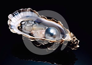 Open oyster shell with black pearl on black background.Macro.AI Generative